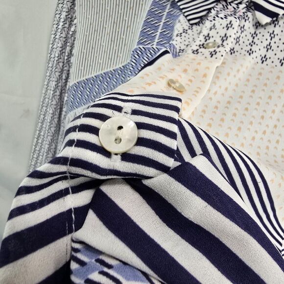 Rose And Olive Top Womens 2X Blue White Blouse Button Up Striped Patchwork - Picture 10 of 12